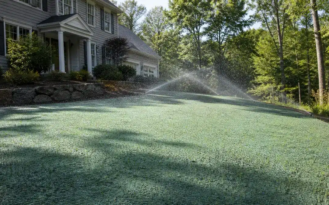 Newly hydroseeded Southern New Hampshire lawn receiving gentle sprinkler coverage