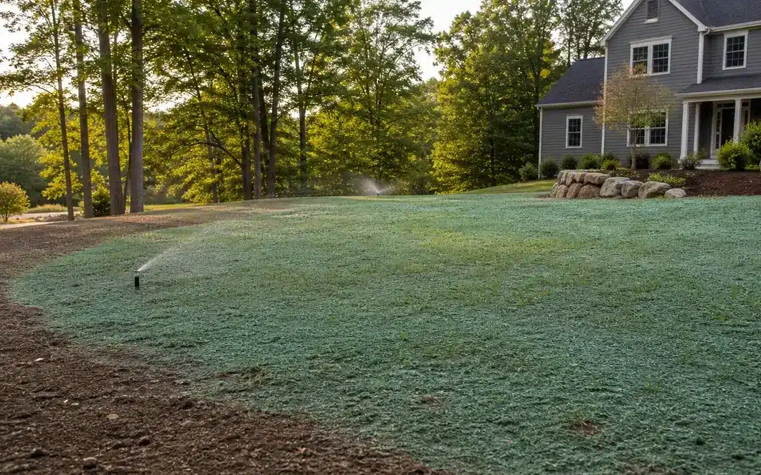 Late-summer hydroseeded lawn on a Southern New Hampshire residential property