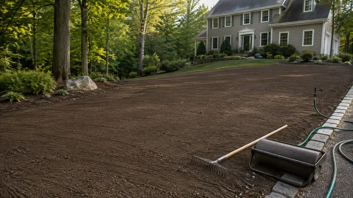 Illustration of a prepared seedbed at a Southern New Hampshire-style property.