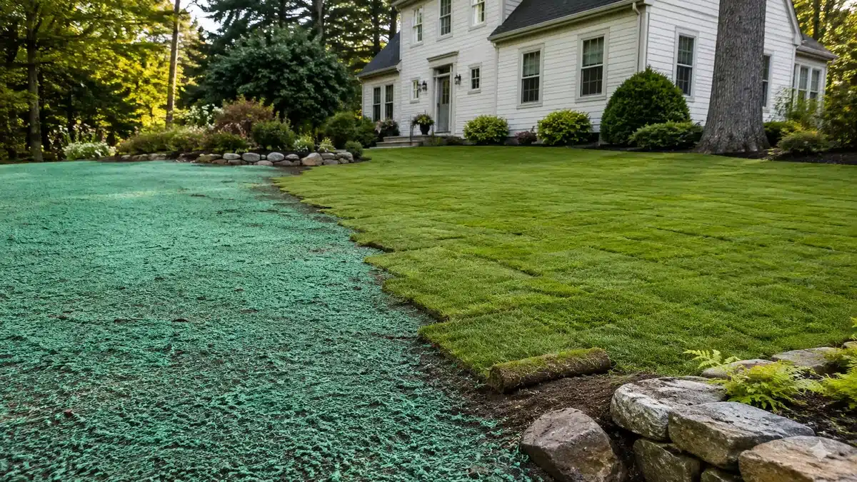 Illustration comparing hydroseed mulch and newly laid sod at a Southern New Hampshire-style property.
