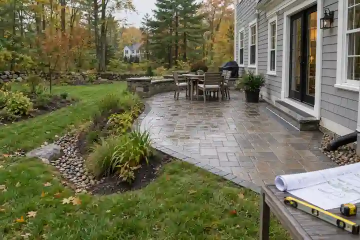 Paver patio drainage plan beside a Southern New Hampshire home